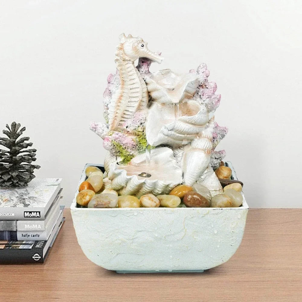 Ferrisland 3-Tier Seahorse And Shell Tabletop Liquid Fountain With LED Lights